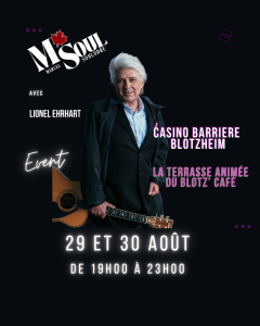 Affiche annonçant deux concerts live de Marcel Soulodre les 29 et 30 août 2025 en terrasse au BlotZ’Café du Casino Barrière de Blotzheim, avec musique folk, pop et country, de 19h à 23h, entrée libre.