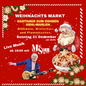 M.SOUL en concert de Noël le 21 décembre au Gasthaus Ochsen, dans le Biergarten, ambiance festive avec bière de Noël, vin chaud et Rock’n’Roll.